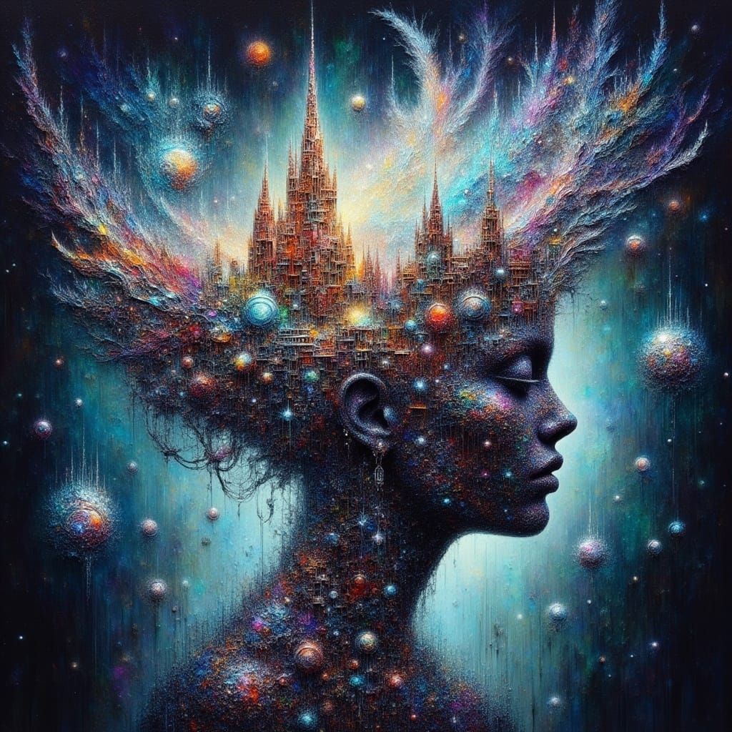 <lora:Impax v2:1.0>impasto oil painting with harsh strokes , Vibrant, iridescent silhouette of a female head, containing a miniature, intric...