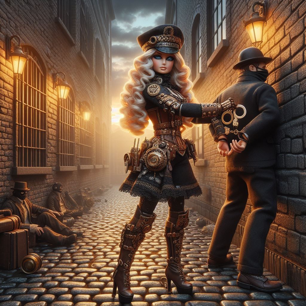 Constable Barbie arresting her first burglar in the gaslit s...