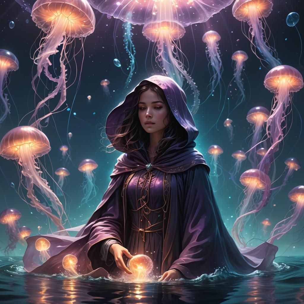 Ethereal Woman Floats Among Jellyfish: Fantasy Concept Art