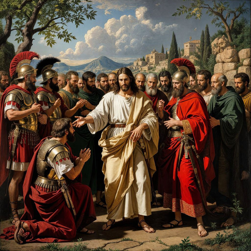 The arrest of Jesus and the healing of the servant's ear.  by @DonkeyEngine