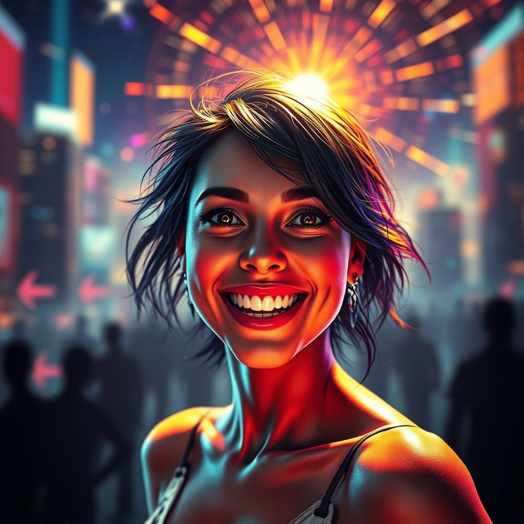 Ecstatic Woman in Futuristic Cityscape: Digital Art