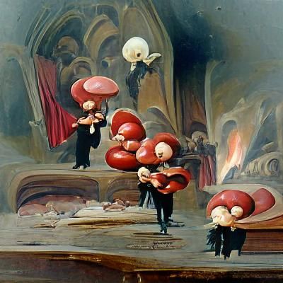 cute Cartoon Mushrooms performing Faust at a 19th century op...