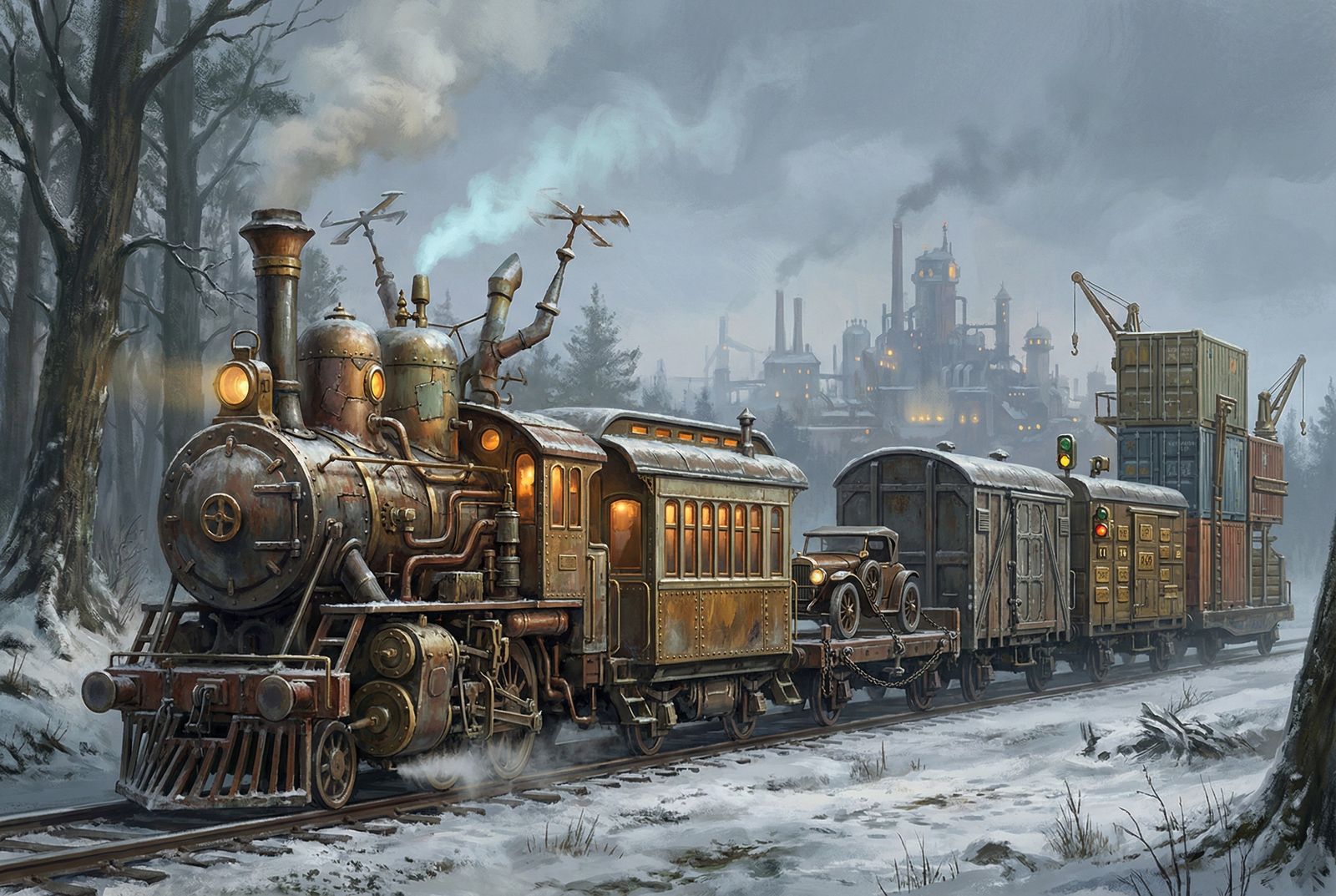 A whimsical steampunk train