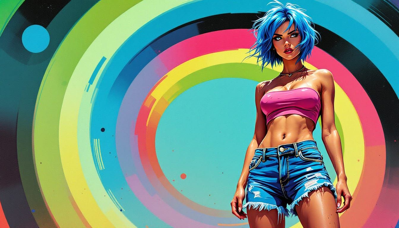 Blue spikes frame her gaze / rainbow rings circle inward / p...