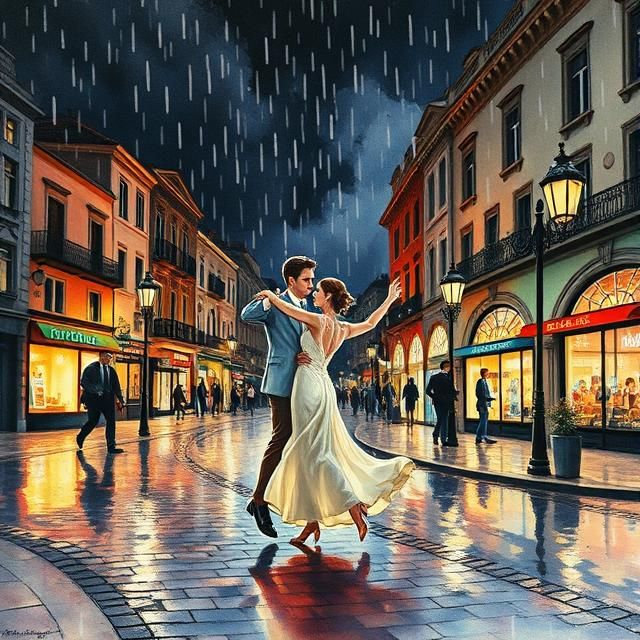 Romantic Waltz in the Rain: Watercolor Painting A vibrant watercolor painting of a couple waltzing in the rain. The scen...