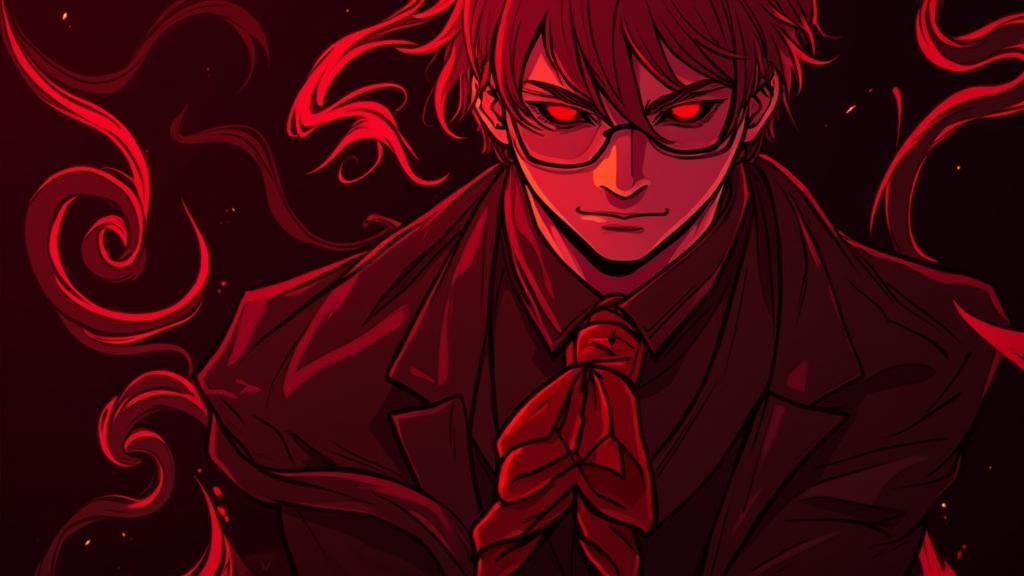 tall, aristocratic male figure with a mysterious aura,  wears a finely tailored black suit, a red tie , and an immaculate white shirt, messy...