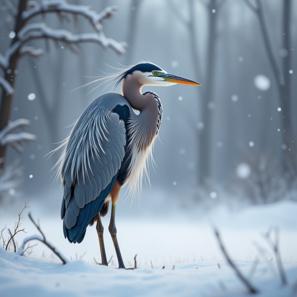<lora:Heron:1.0>winter snowy wildlife endangered heron tim flach style