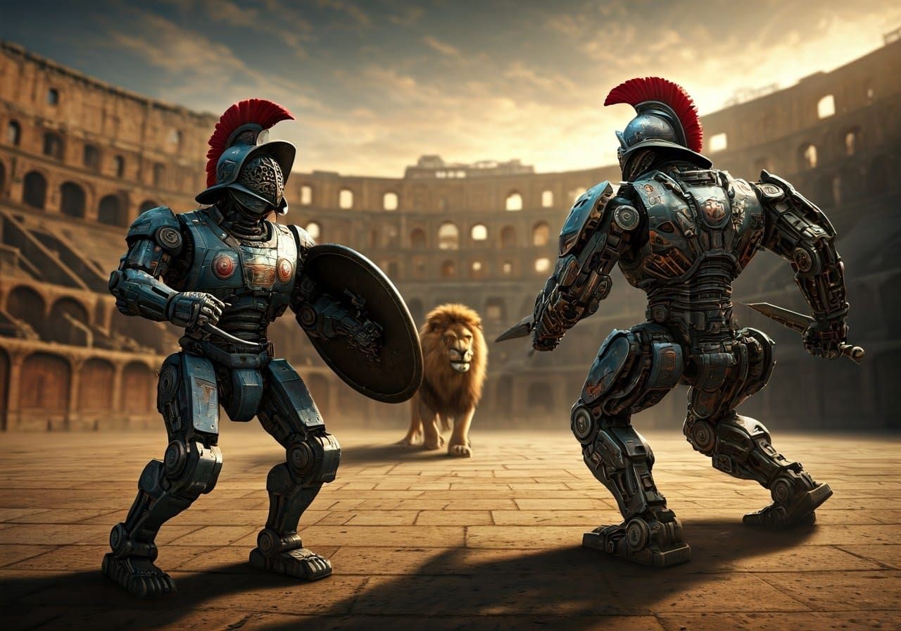 Two mech robot gladiators in the coluseum, both have basic medieval weapons fighting each other, in the background a large lion stalks the a...