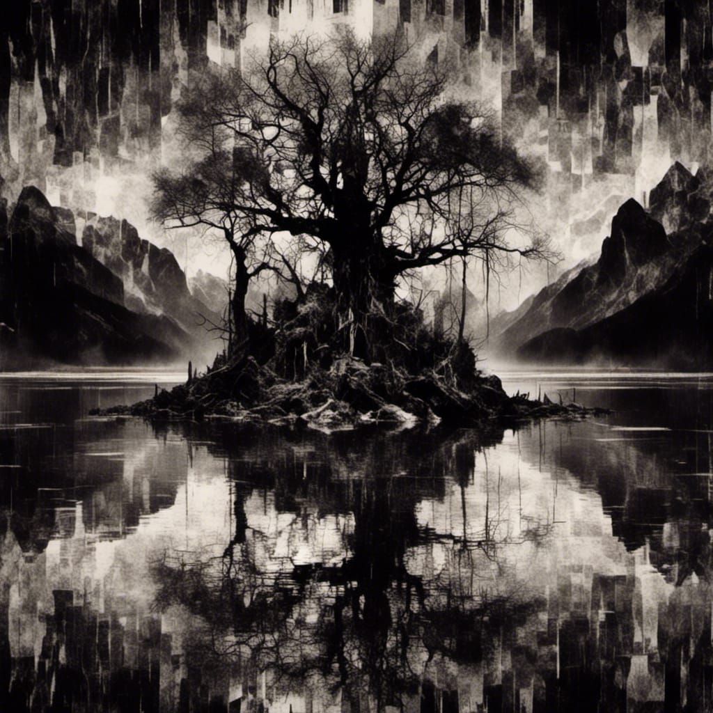 <lora:DarkMedia:1.0>dark double exposure  collage 
 monochrome, black and white ,     sinister terror cinematic the ancient tree of evil fl...