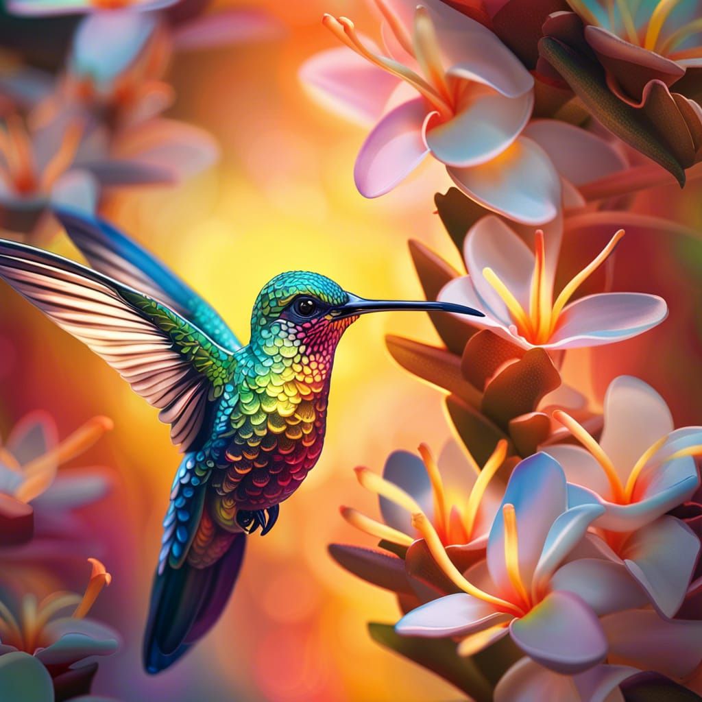 A mesmerizing macro lens iridescent view of a multicolor humming bird in a frangipani flowers microsystem ...  by @Menno