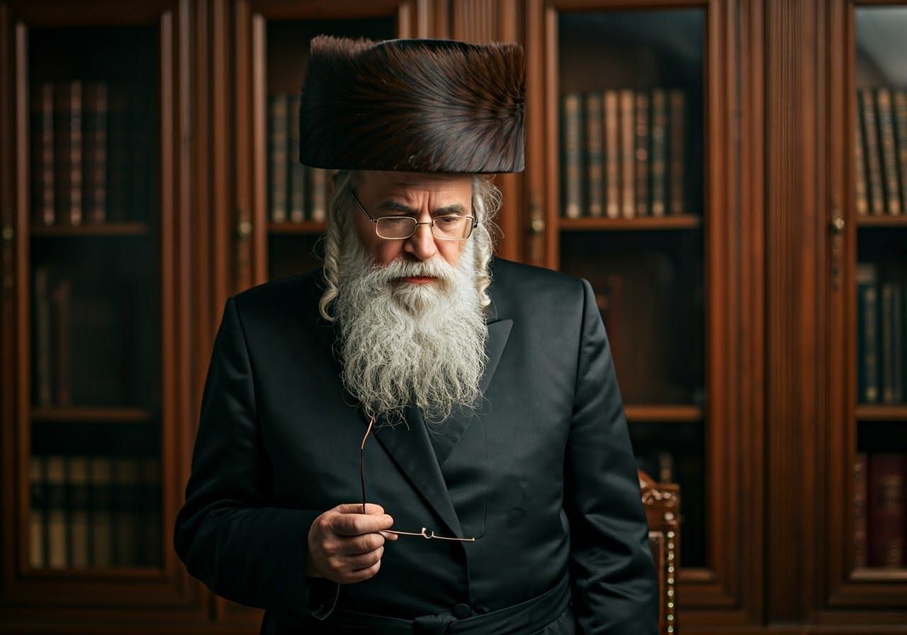 Serious Hasidic Rabbi Lost in Thought in Warm Light