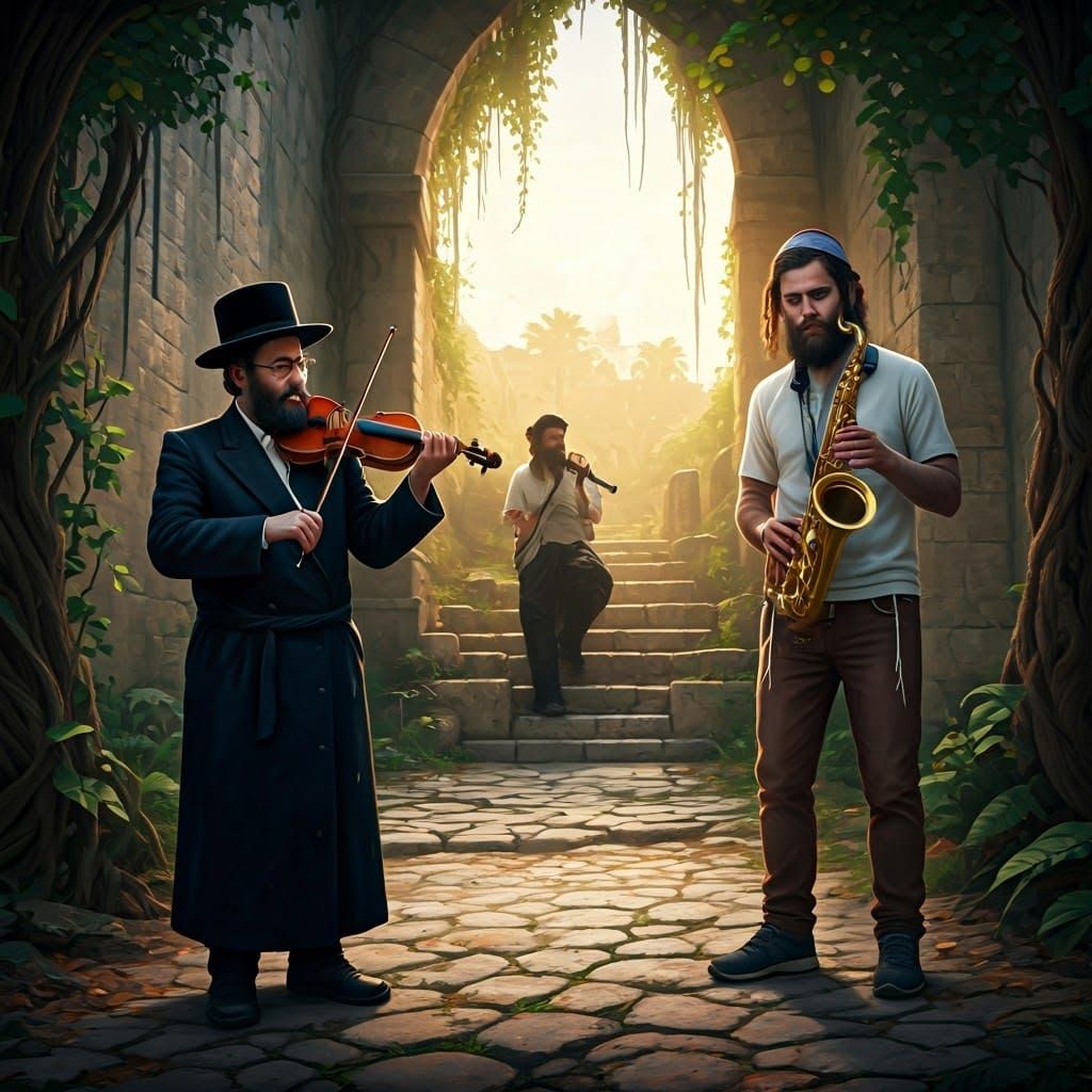 Hasidic Musicians in Jerusalem Forest at Sunset