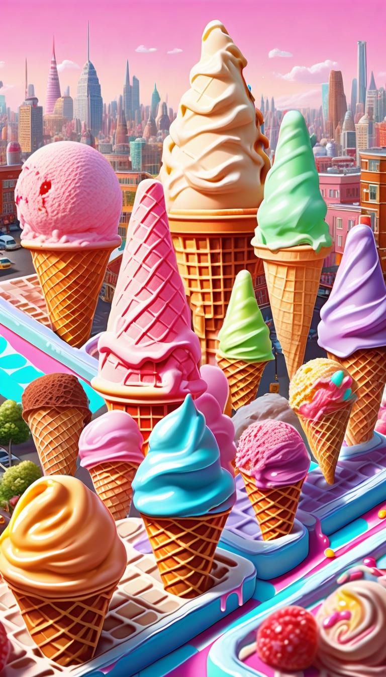 A big city made with icecream. Colorful. Waffle cones. Melti...