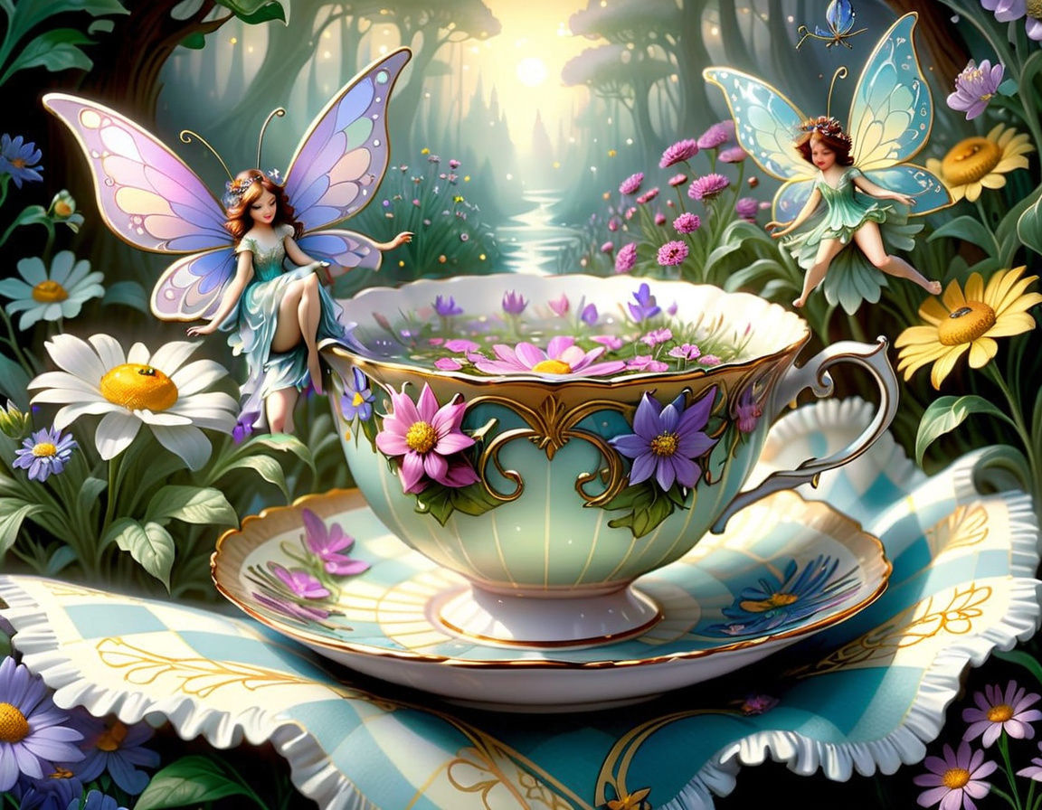 A whimsical teacup overflowing with blooming flowers and (tiny fairies:1.5), sitting on a checkered blanket in a sun-dappled meadow. The tea...
