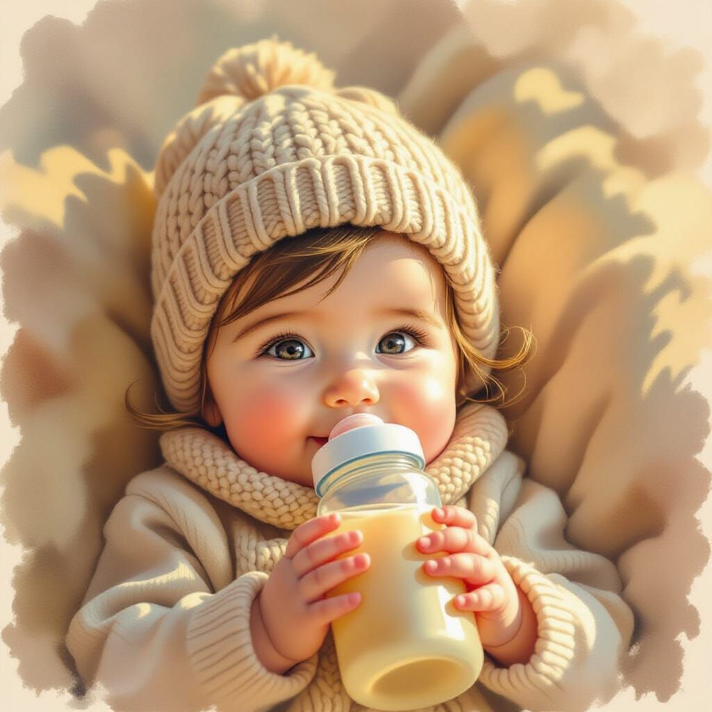 Baby in Knitted Hat with Bottle, Painterly Style