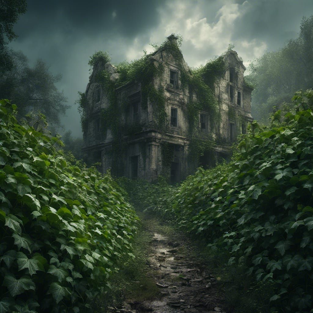 <lora:MJ6 Nightmare:1.0> a scene of a desolate ghost town with buildings consumed by ivy and decay, hyperrealistic, photorealistic, by photo...