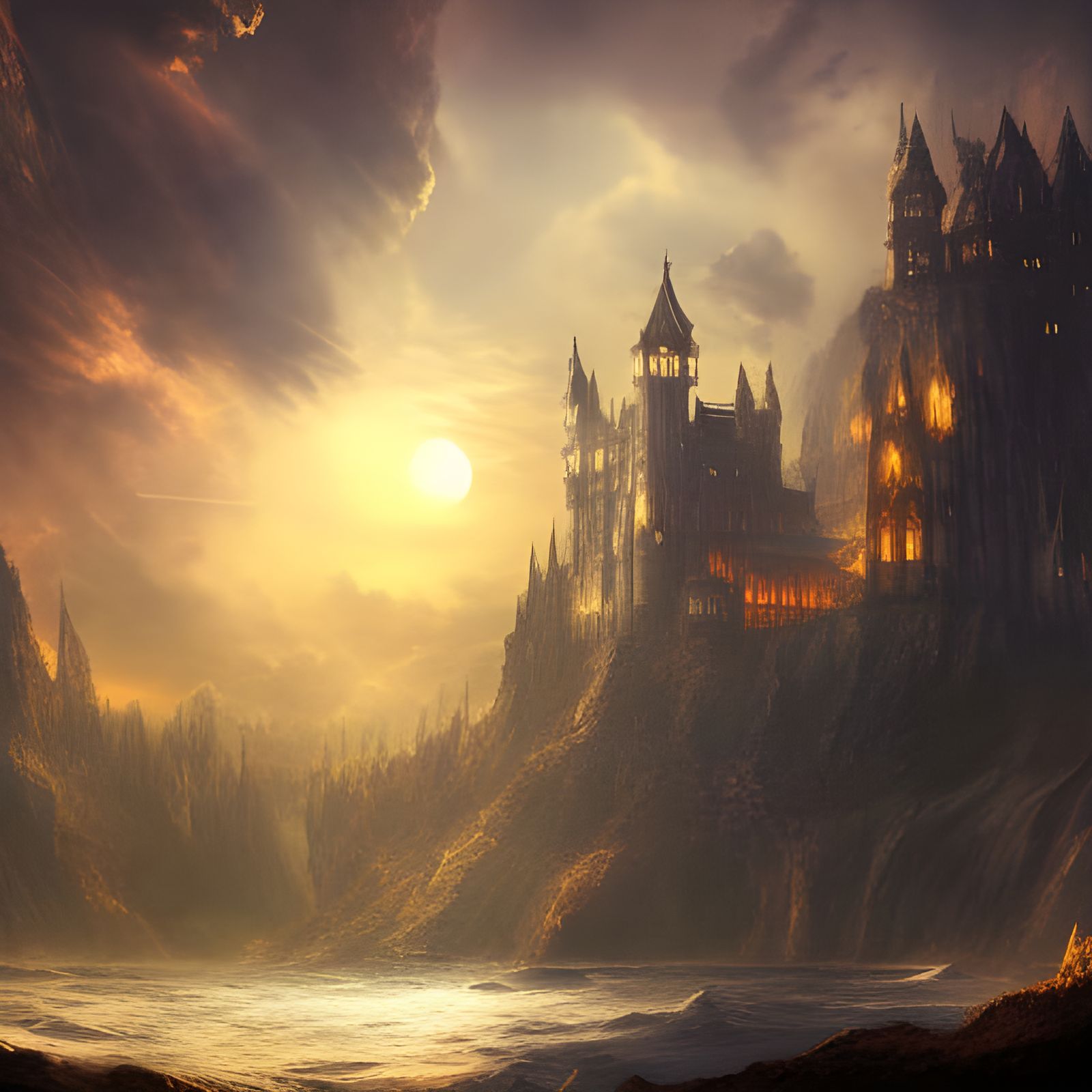 Castle with dramatic lighting and fiery moon - AI Generated Artwork ...