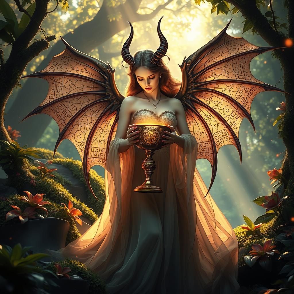 Winged Devil with Chalice in Golden Light