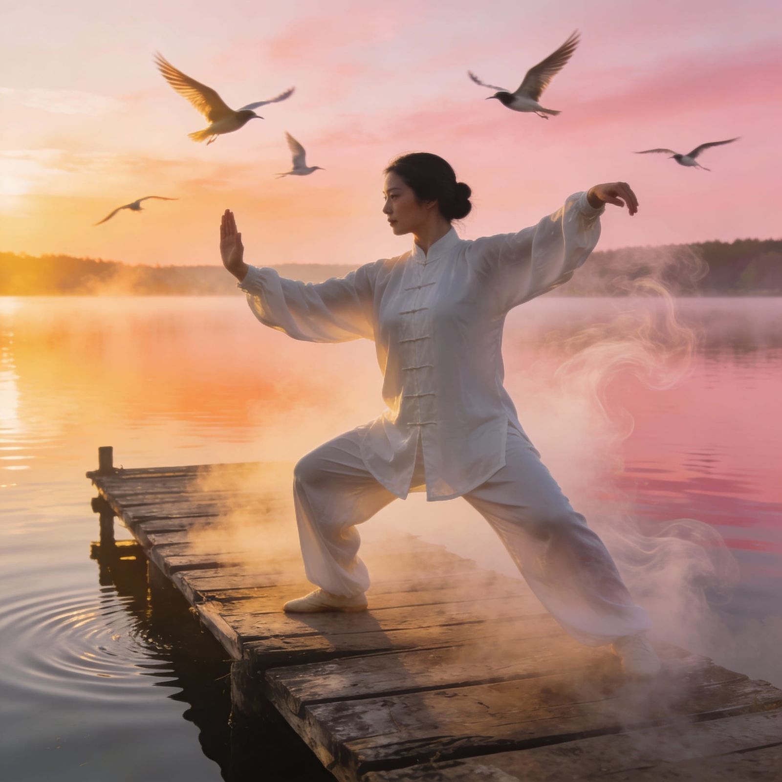 A tranquil lakeside sunrise scene with a woman doing tai chi on a wooden dock, the water mirroring soft ...  by @Matt
