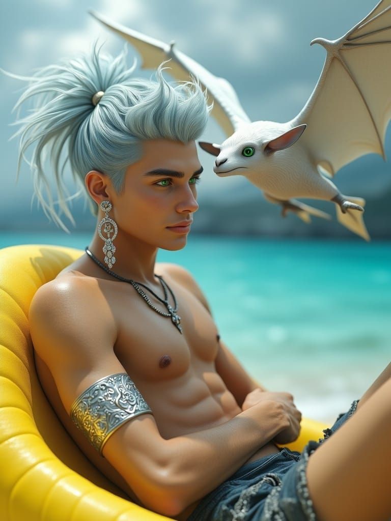 <lora:Future-Punk:1.0> A Guy with a smile, big shine green eyes, fluffy silver hair tied in a ponytail to one side, in light lace clothes fl...