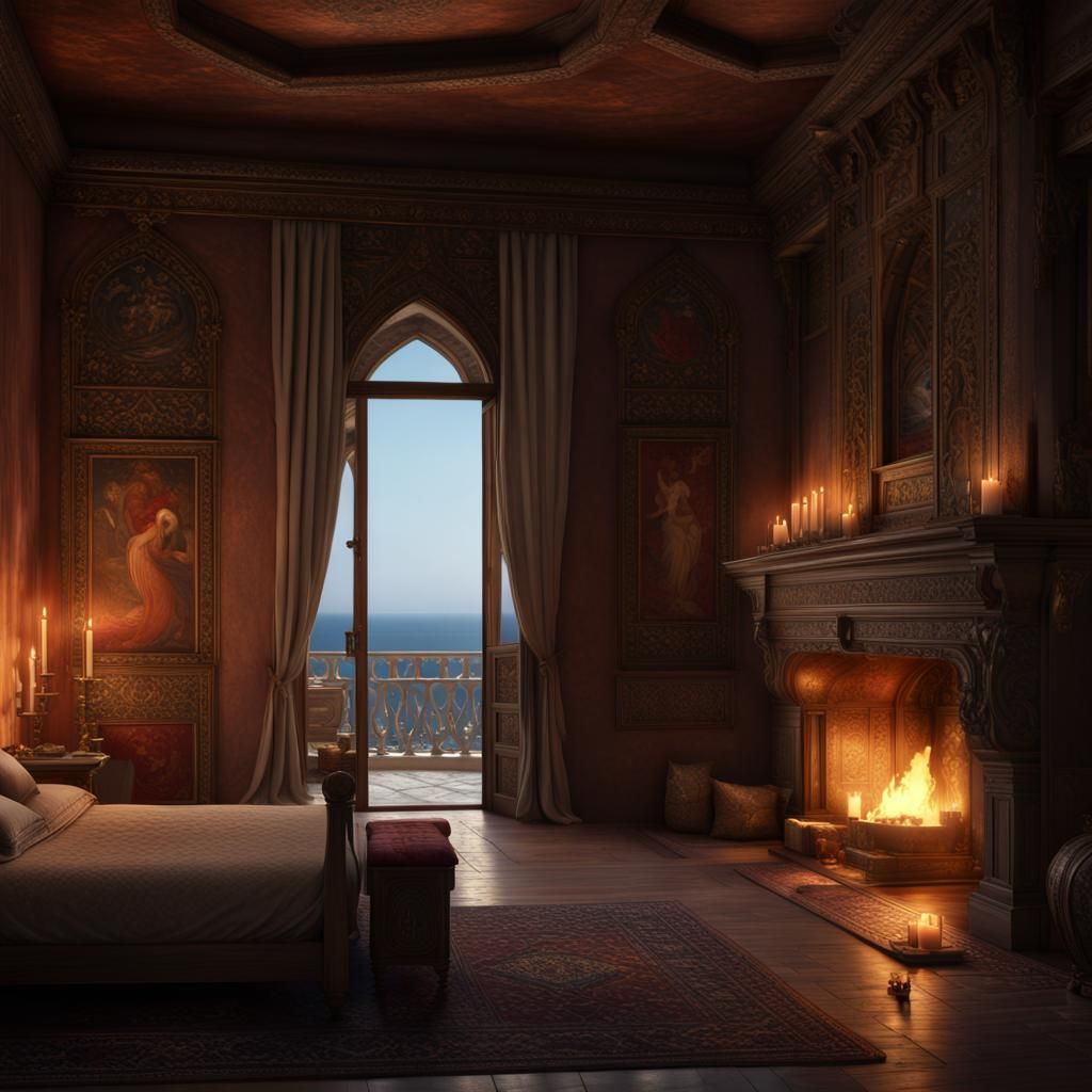 12th century mediterranean palace bedroom. fireplace. candle...
