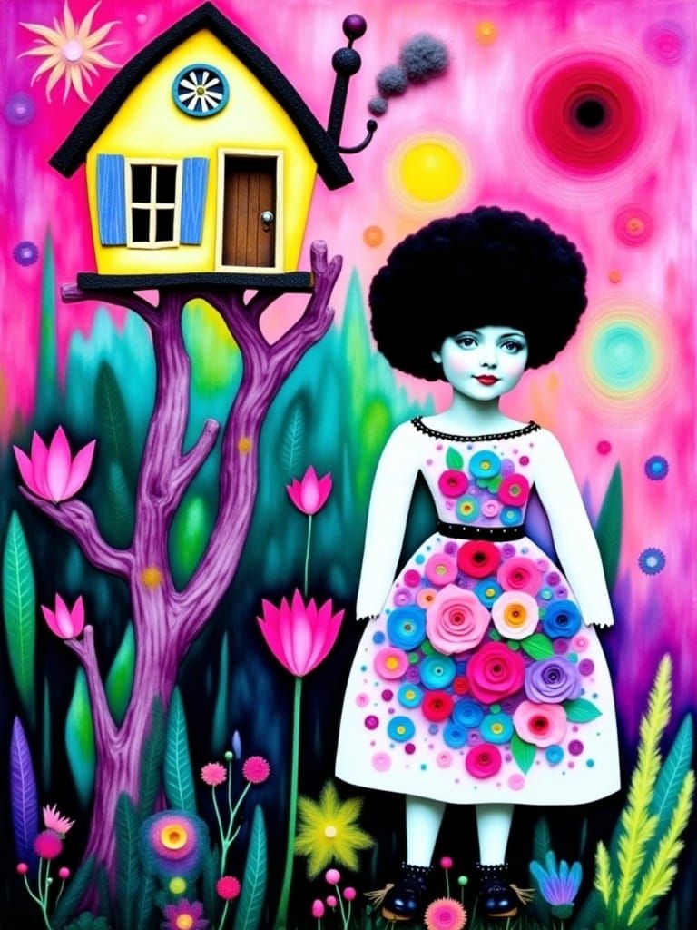 <lora:BeautyofCollageFlux:1.0> Woman with a house on her head, fantasy fairytale