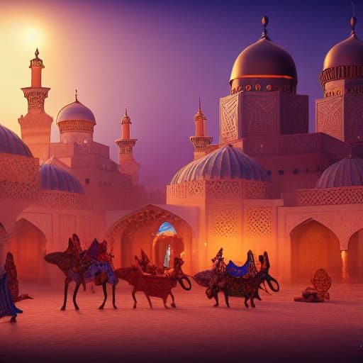 Caravan bazaar Arabian nights, detailed matte painting, deep...