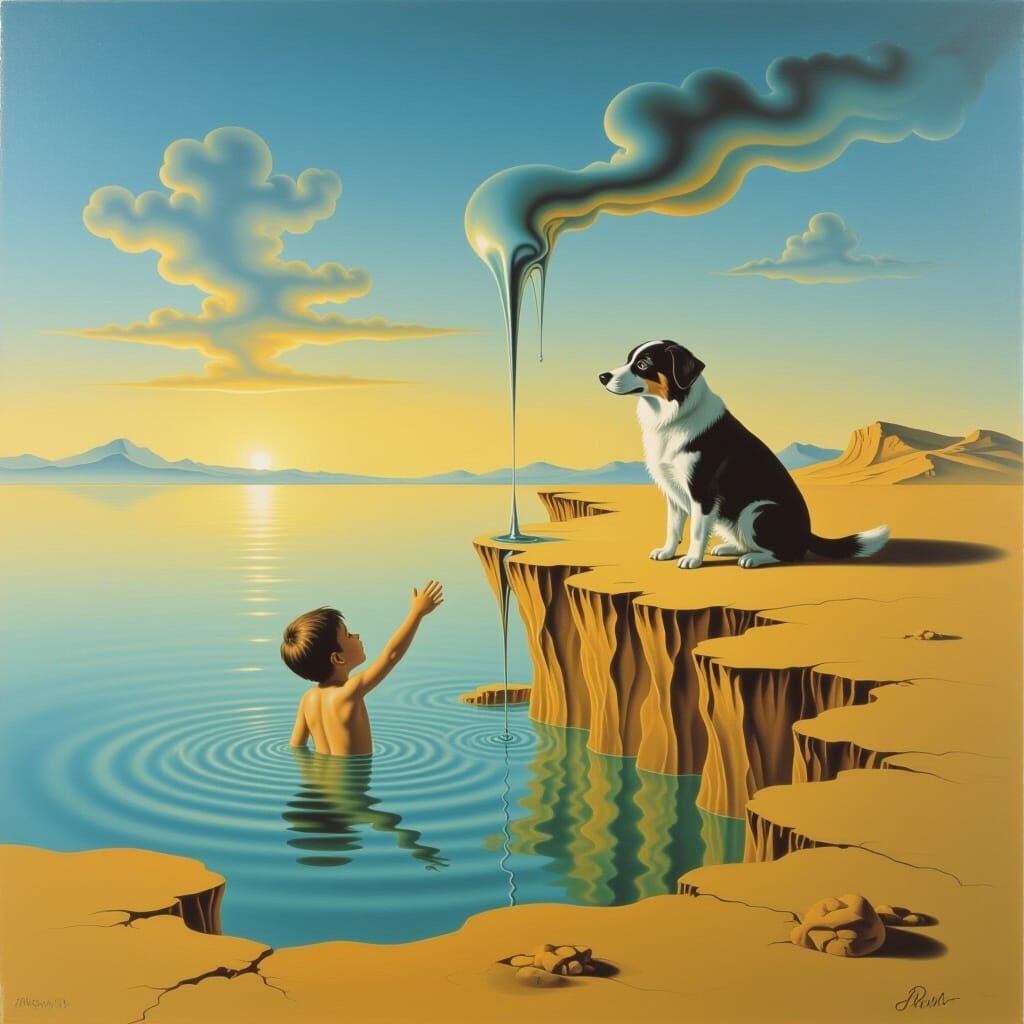 Surreal Rescue: Child and Dog in Dali-esque Style