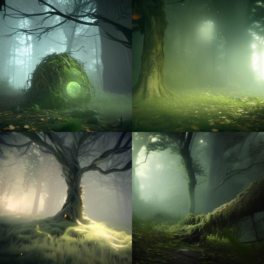 young woman turned into a tree, leaves instead of hair, glow...