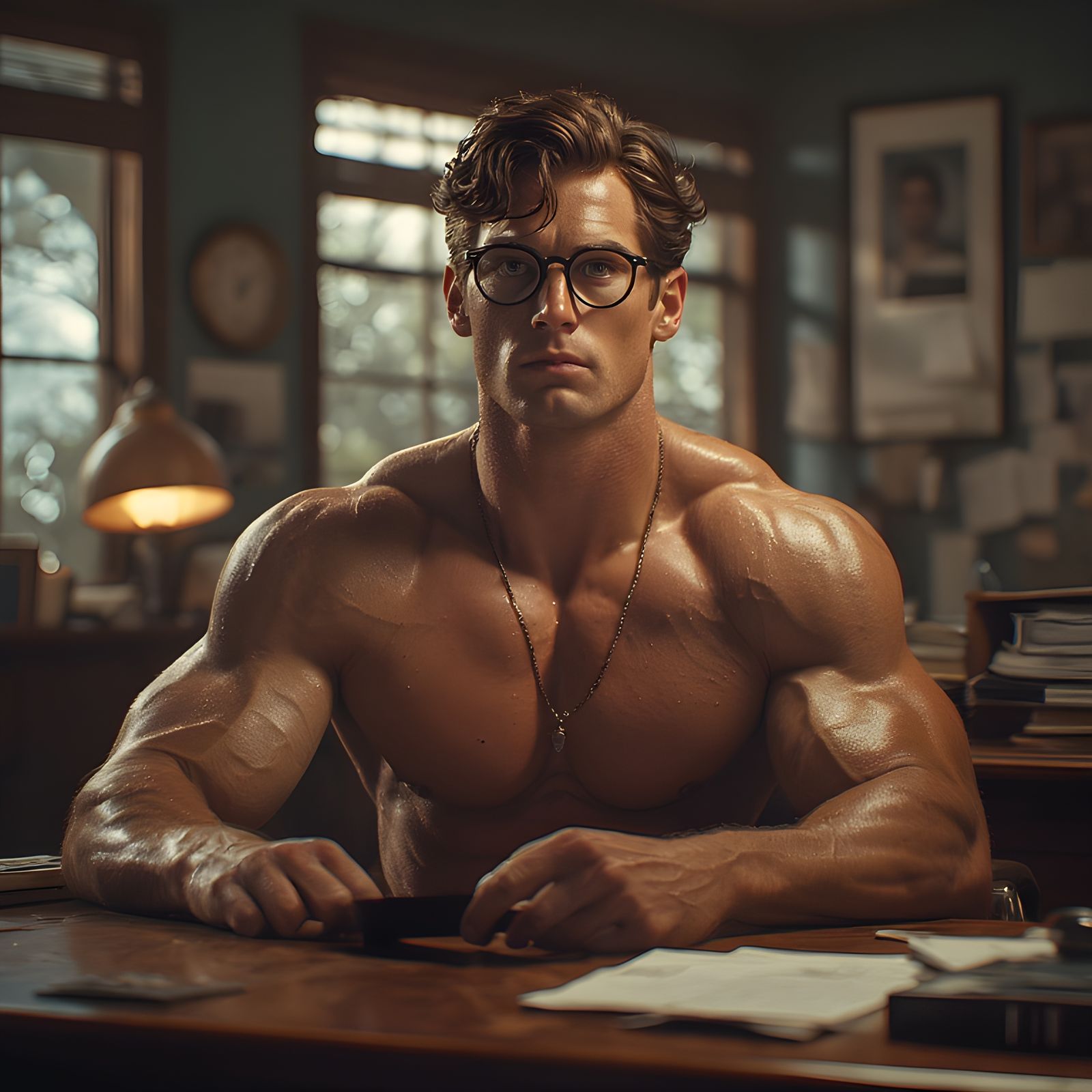 Clark Kent shirtless at work