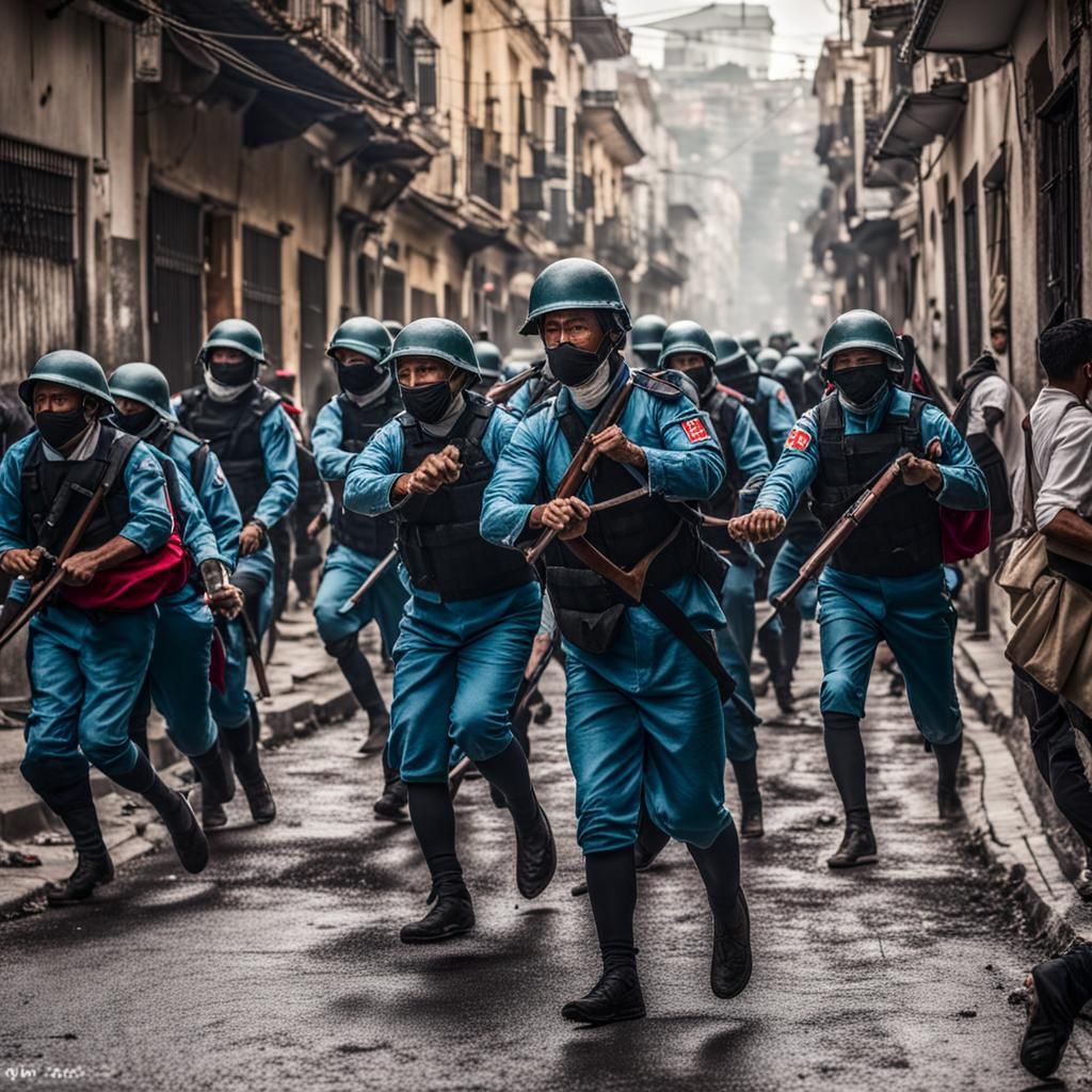 gente pelendo contra soldados con uniforme tradicional con un fondo de ciudad