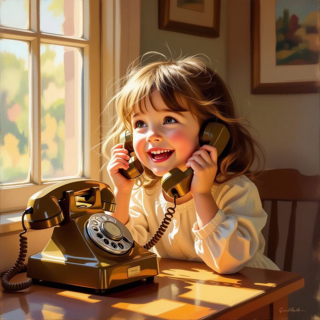 Joyful Girl Smiles Talking on Vintage Phone