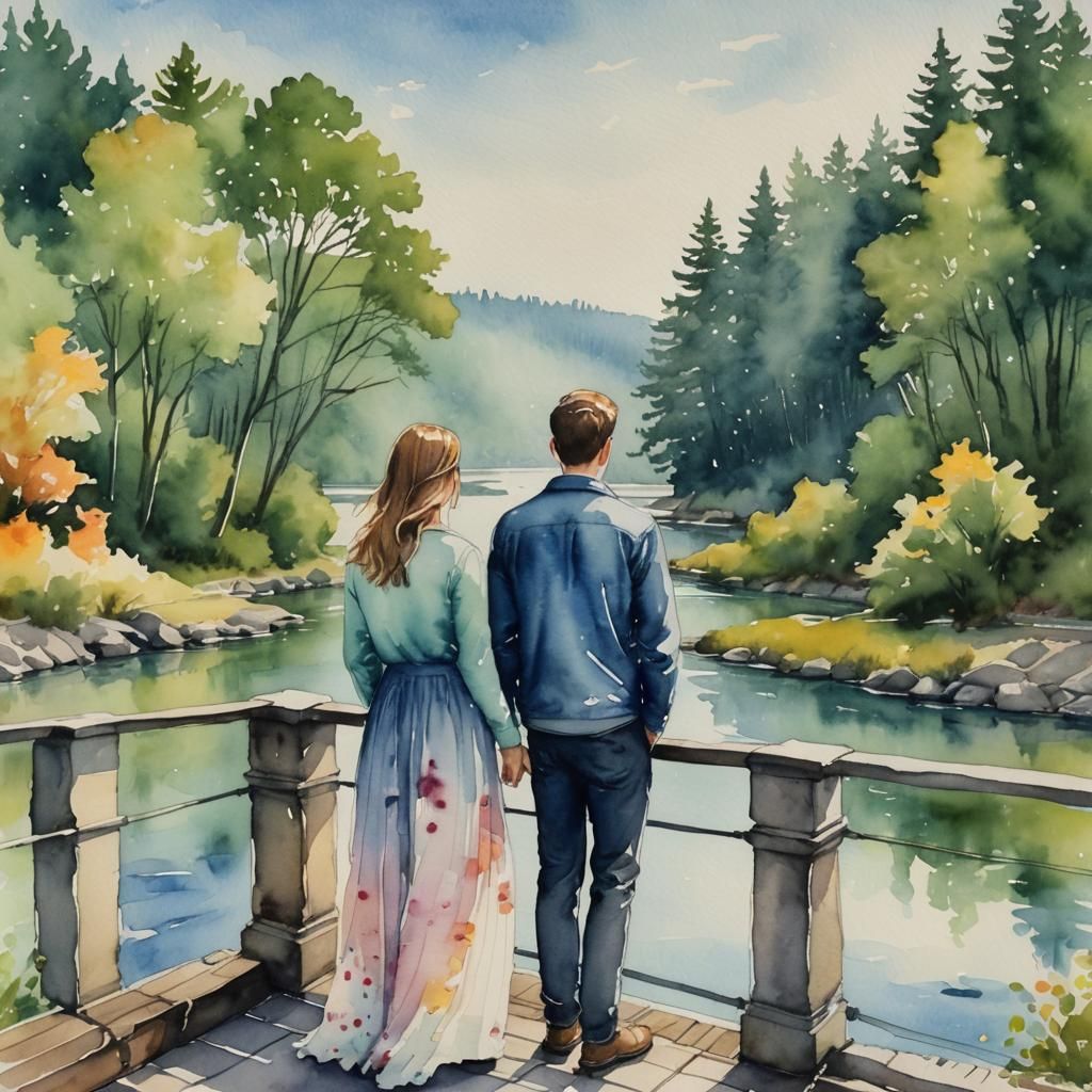 water color couple standing on a bridge looking out at the w...