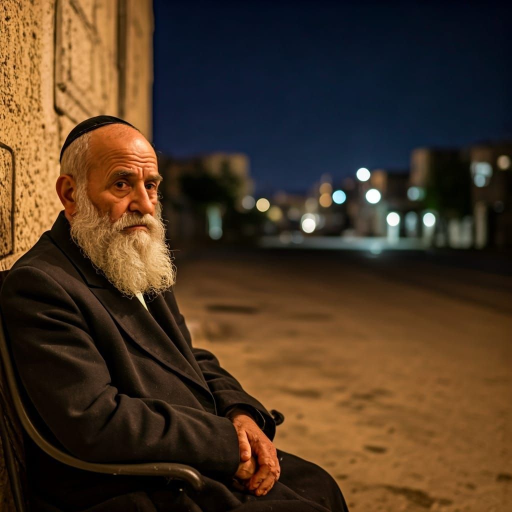 Exhausted Old Man Waits in the Night