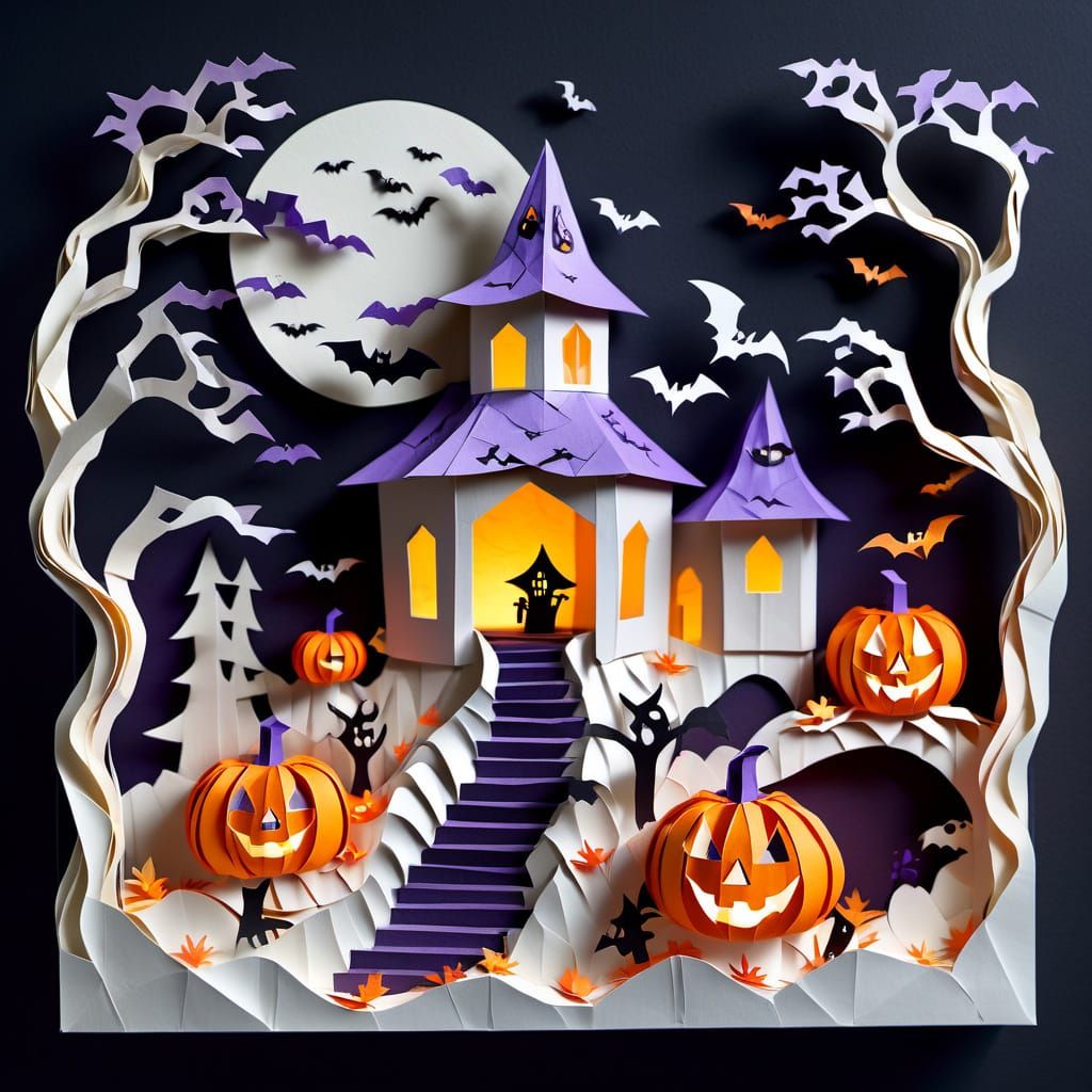 Papercraft. Diorama. A whimsical halloween scene constructed entirely from folded and cut paper. Tiny origami pumpkins peek from behind laye...