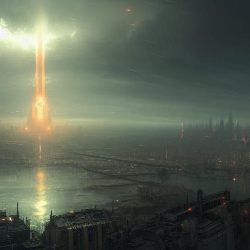 City skyline before a nuke gets dropped on a sea schore