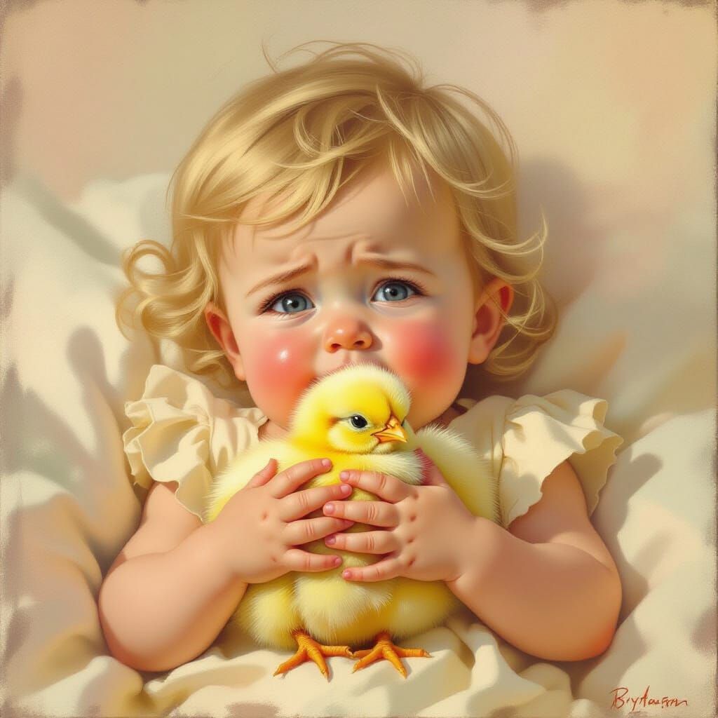 Blonde Baby Cries Holding Fluffy Chick in Nursery