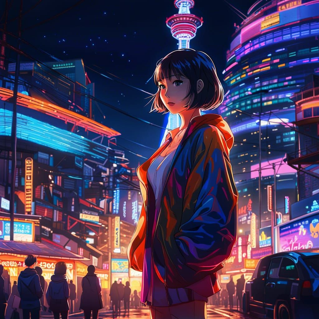 young woman posing under city lights, shin sekai, vibrant night lights ...