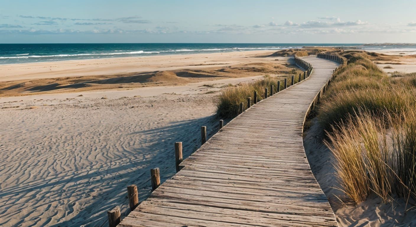 an old wooden walkway towards the sea between sand dunes, beach with waves, dune grass, growing, half ...  by @Reklov