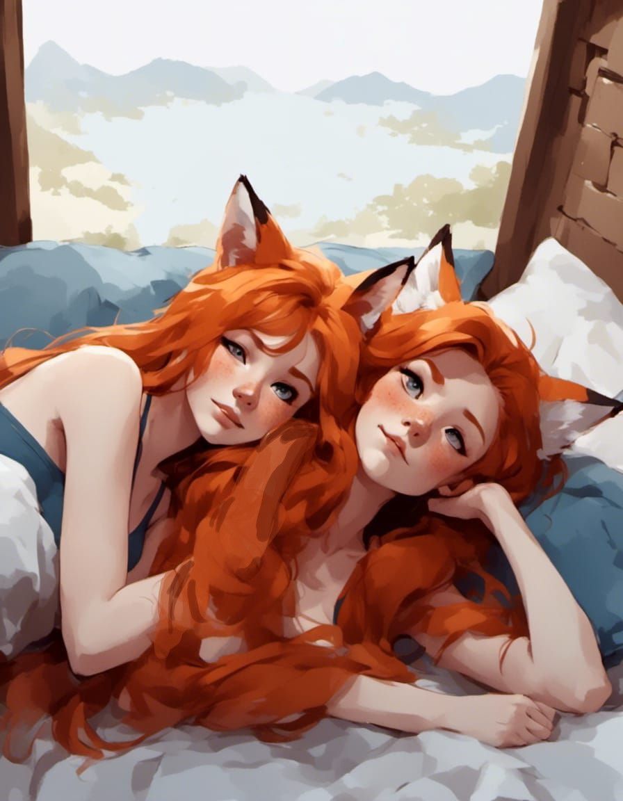 Fox-girl VIXEN (right) and her daughter Kitt (left) lying on...