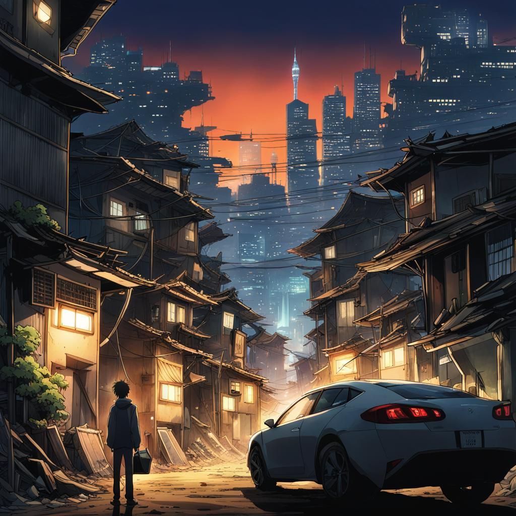 towering city polluted by light with flying cars in the back...