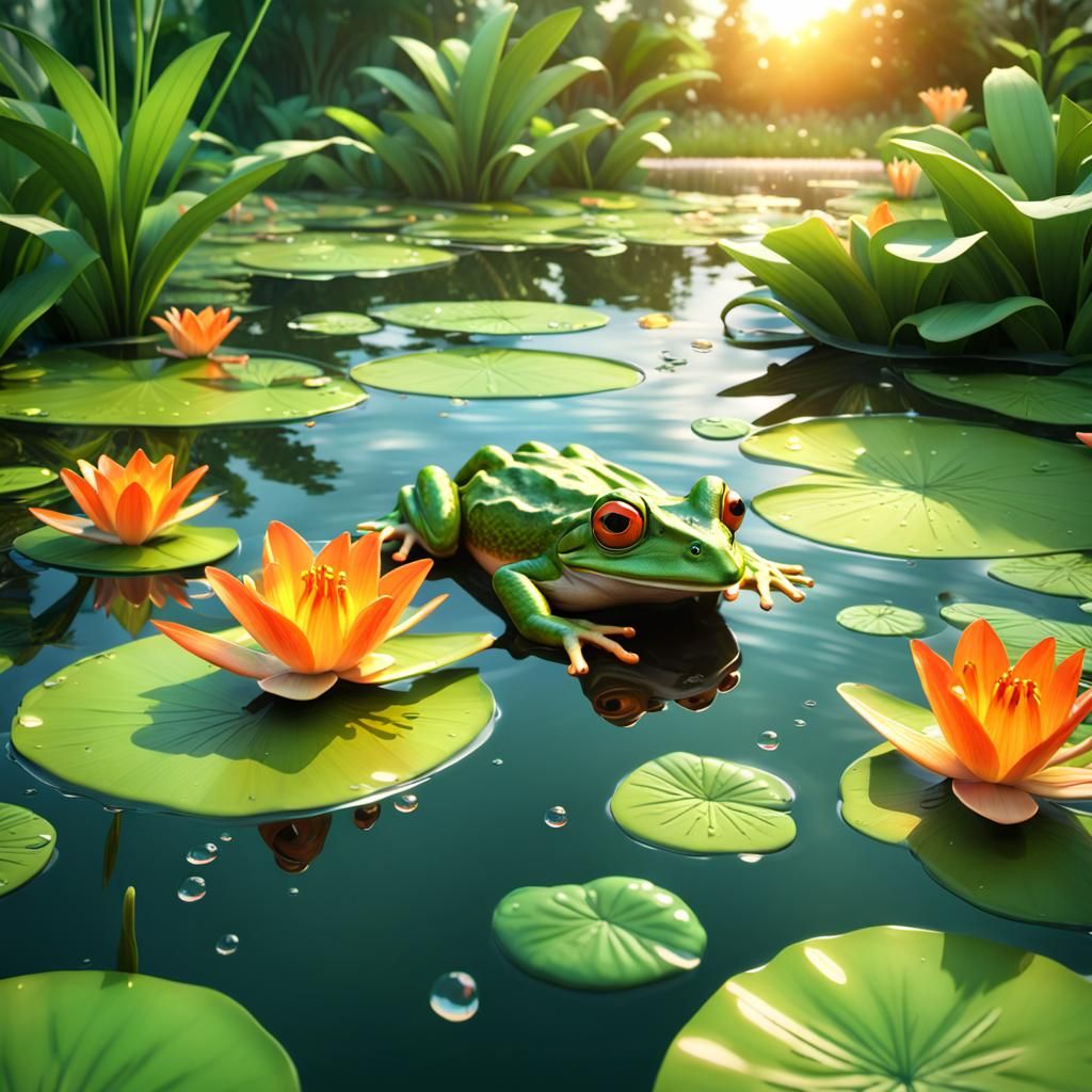 A lively scene of a frog mid-leap across a lily pad-filled p...