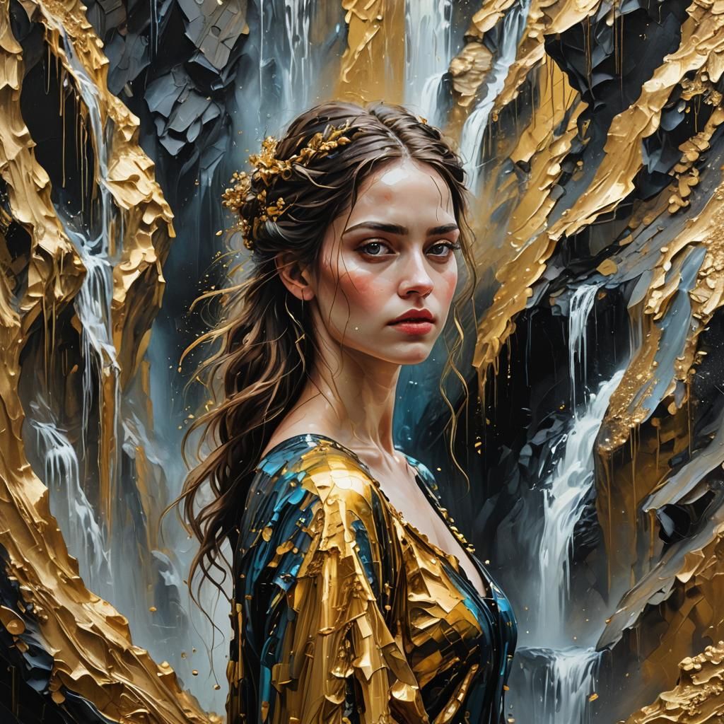 Baroque Oil Painting: Woman and Waterfalls