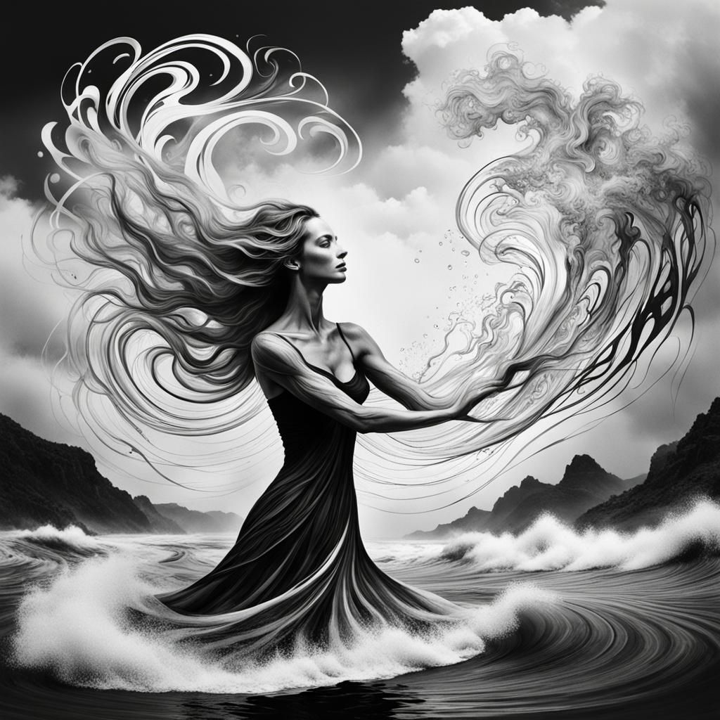 Artistic black and white image featuring a central figure th...