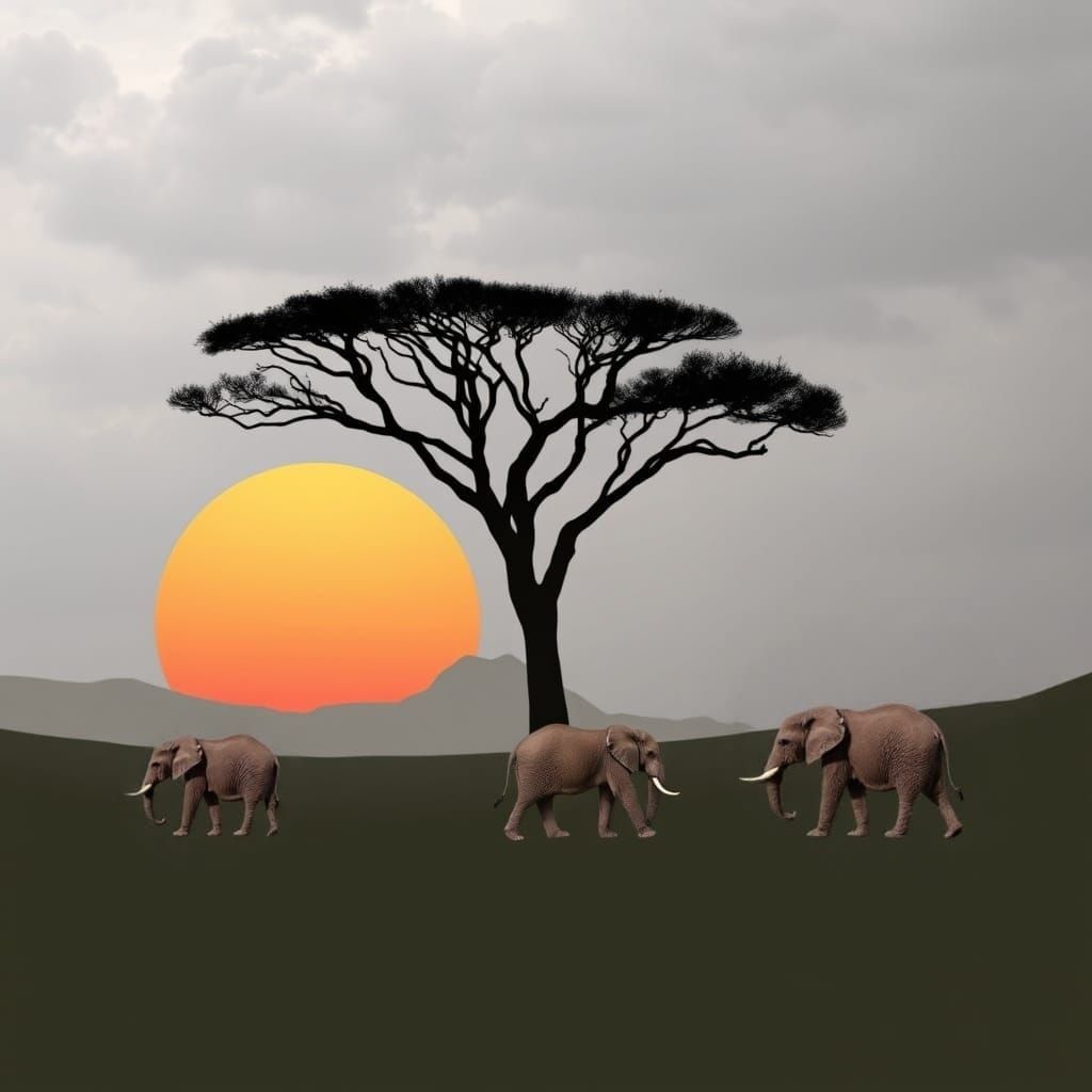 Elephants roam as the sunsets
