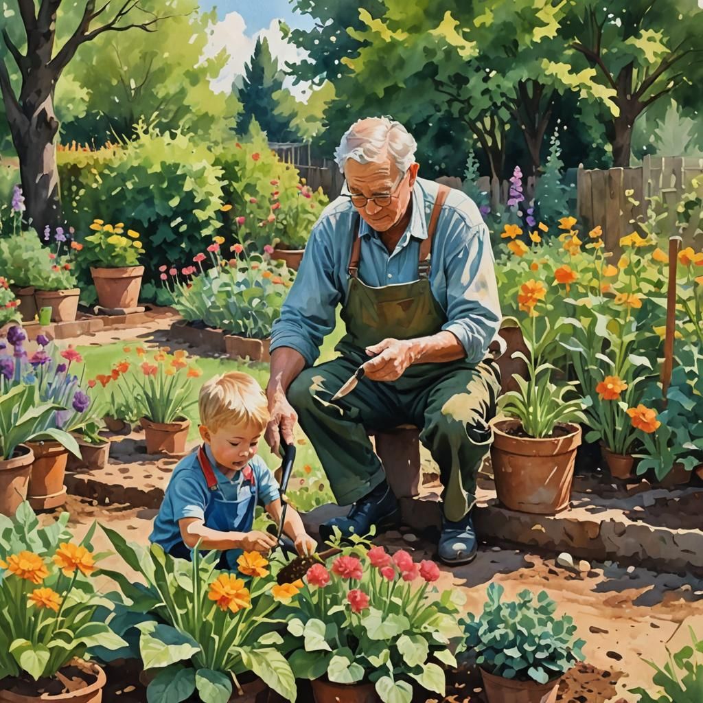 grandad teaching gardening with his young grandson
  by @Dorian