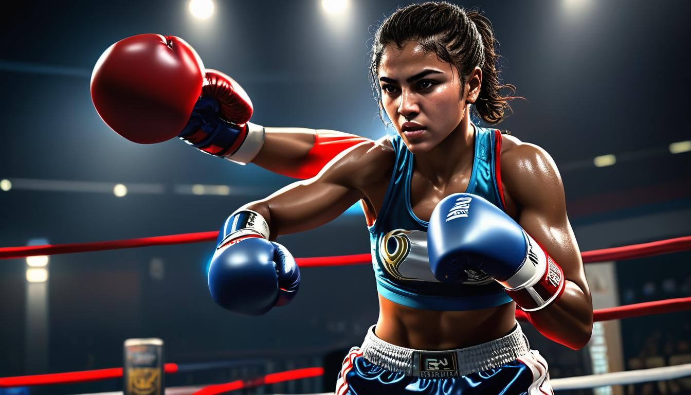 Algerian female boxer Imane Khelif, sportwear, boxing gloves, punching and hitting an opponent in the ring, head and shoulders portrait, 64k...