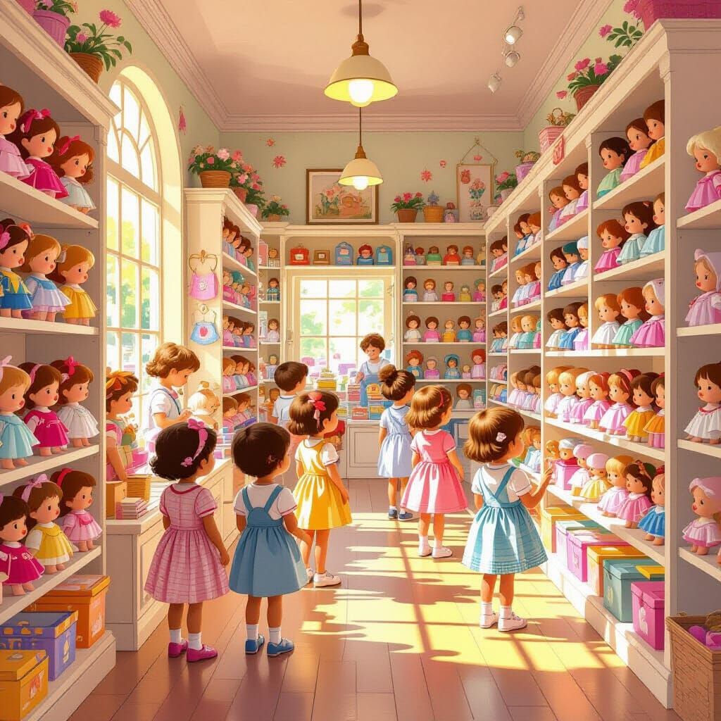 Vibrant Toy Store Interior with Children and Dolls