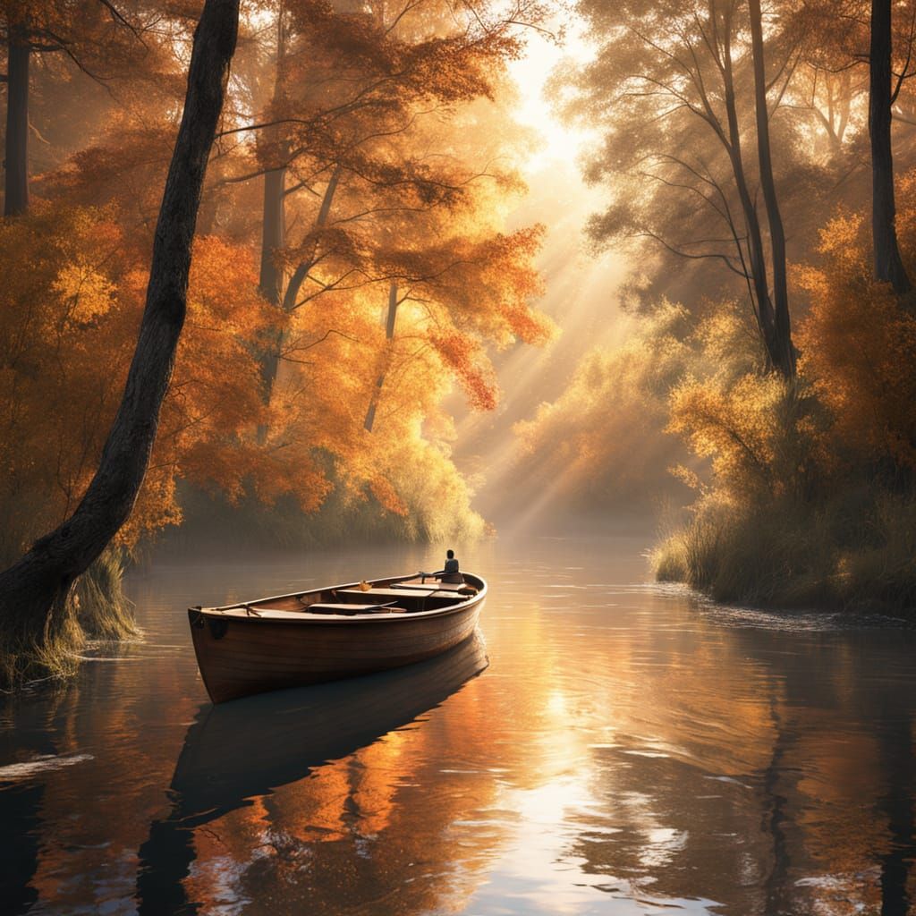Golden Sunrise: Boat on Autumn River