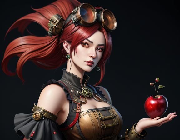 anime steampunk woman holding oversized cherries